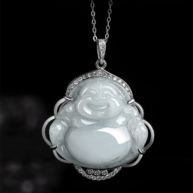 Wear FengShui Laughing Buddha Natural Jade Abundance Titanium Steel Chain Necklace Pendant
