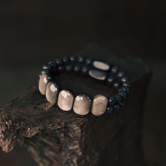 Wear FengShui Natural Silver Sheen Obsidian Lava Rock Communication Bracelet