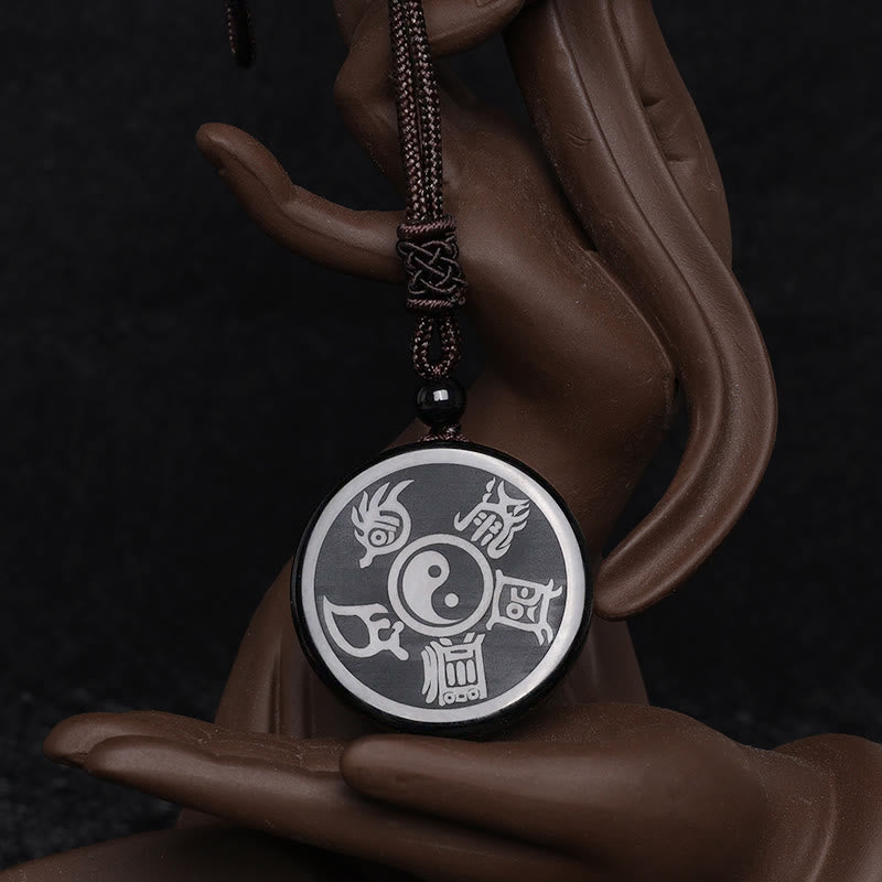 Wear FengShui Black Obsidian Taoism Five Sacred Mountains Nine-Character Mantra Carved Purification Yin Yang Necklace Pendant