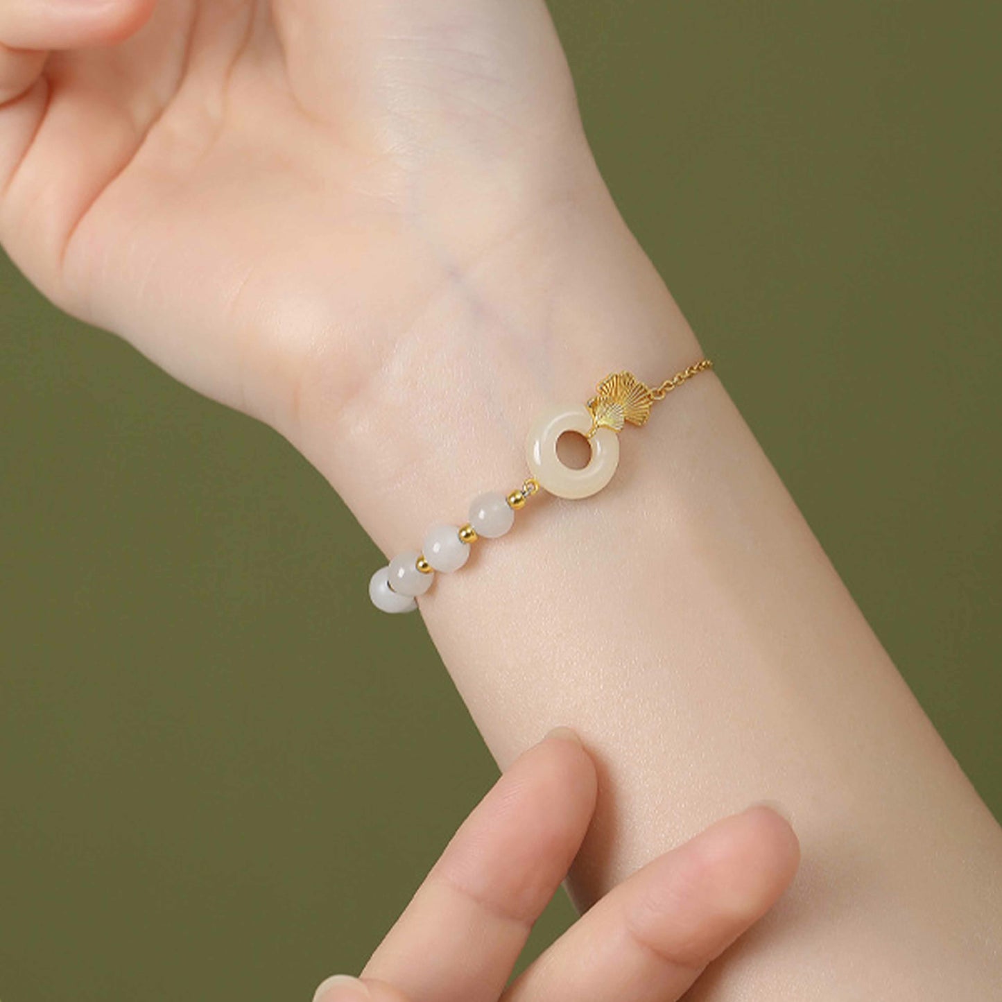 Wear FengShui 925 Sterling Silver Hetian White Jade Peace Buckle Ginkgo Leaf Luck Bracelet