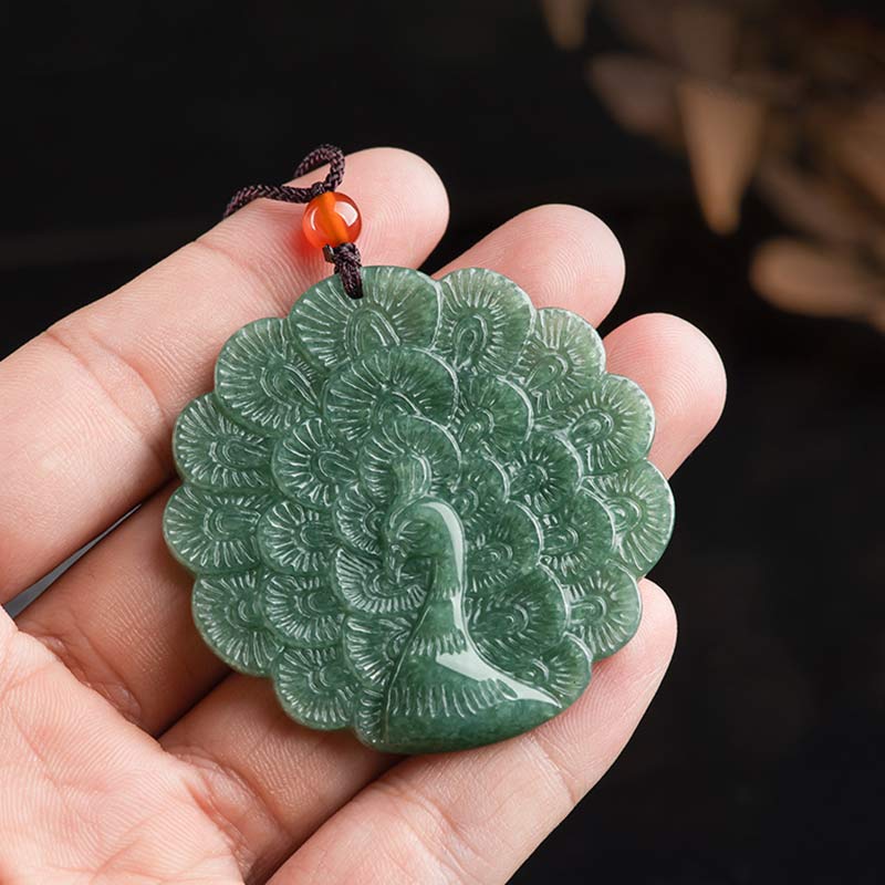 Wear FengShui Natural Jade Peacock Luck Prosperity Necklace Pendant