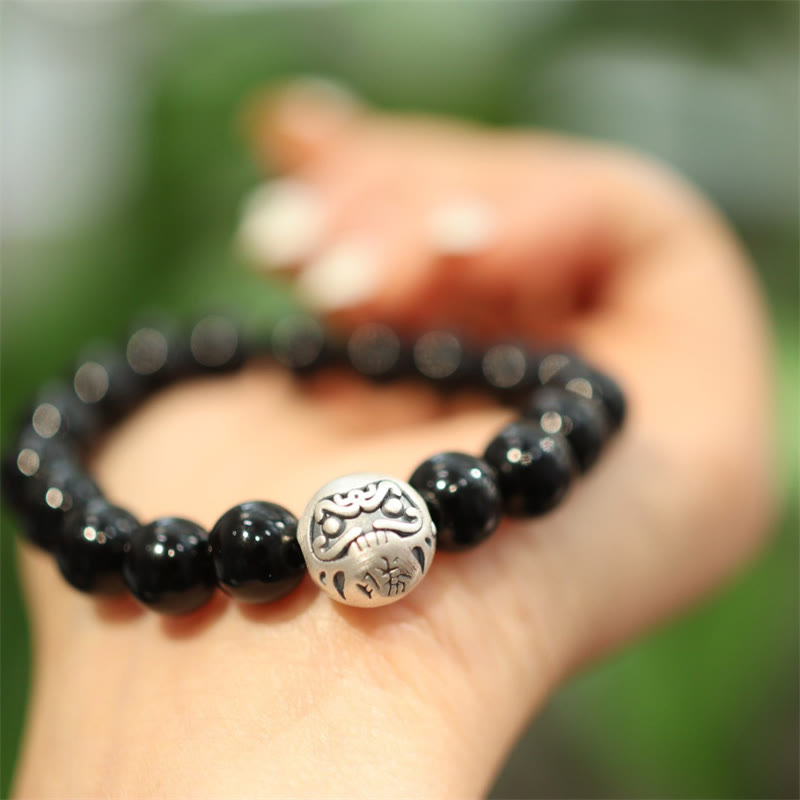 Wear FengShui 925 Sterling Silver Black Onyx Bead Character Engraved Protection Bracelet