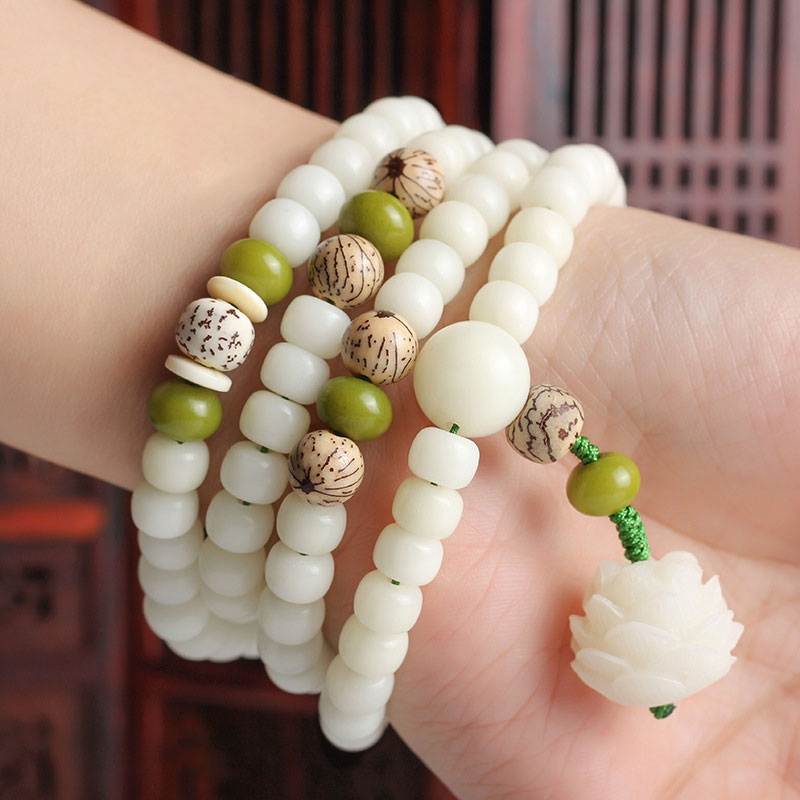 Wear FengShui White Jade Bodhi Lotus Mala Harmony Necklace Bracelet