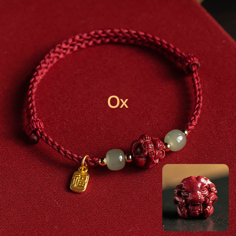 Wear FengShui Natural Cinnabar Chinese Zodiac Hetian Jade Fu Character Luck Rope Bracelet
