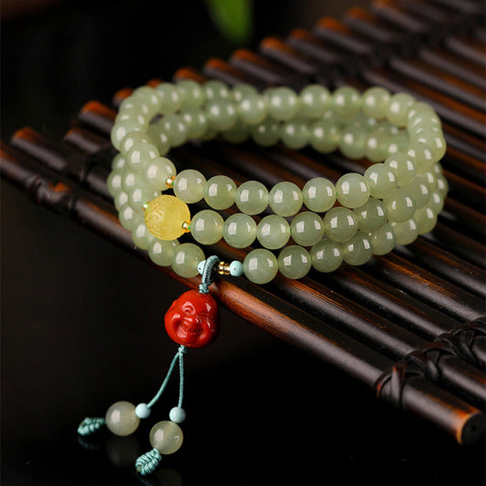 Wear FengShui Jade Red Agate Amber Laughing Buddha Prosperity Bracelet