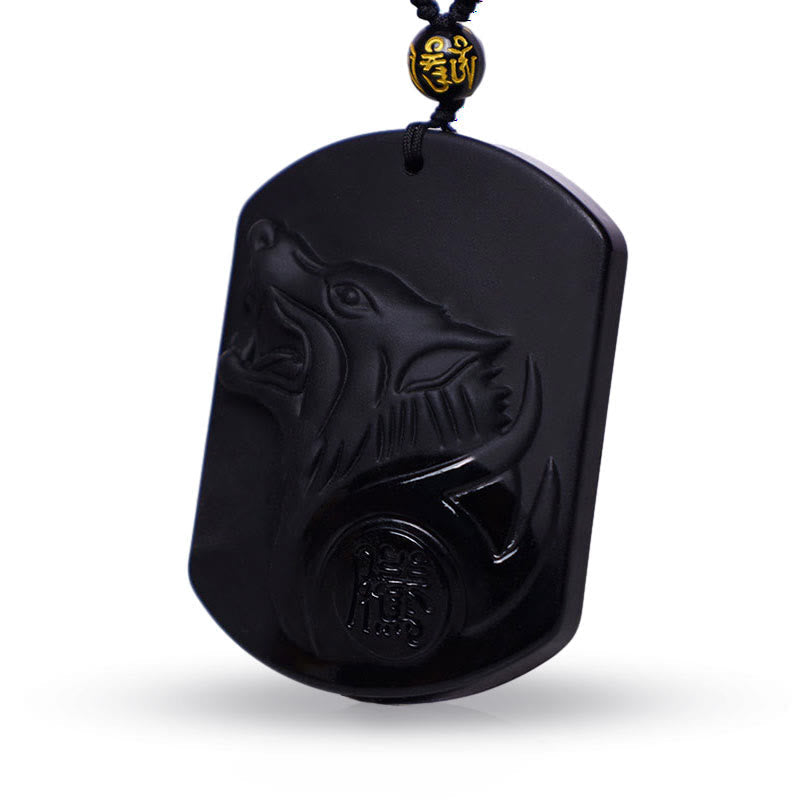 Wear FengShui Black Obsidian Stone Wolf Purification Pendant Necklace