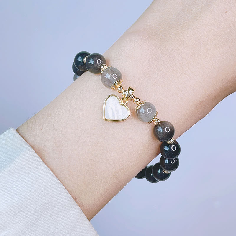 Wear FengShui Natural Silver Sheen Obsidian Love Heart Star Flower Protection Bracelet