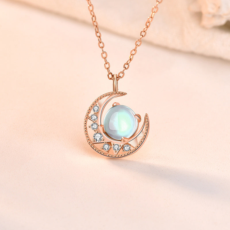 Wear FengShui 925 Sterling Silver Moonstone Moon Pattern Love Necklace Pendant