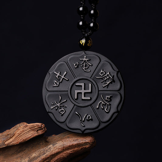 Wear FengShui Natural Black Obsidian Tibetan Om Mani Padme Hum Buddha Swastika Luck Necklace Pendant