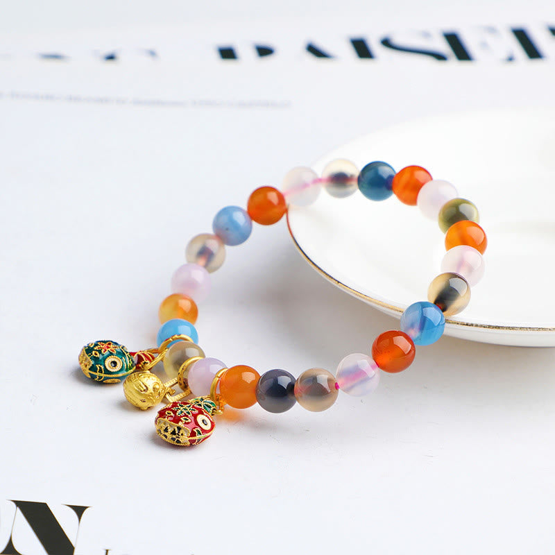 Wear FengShui Colorful Candy Agate Gold Swallowing Beast Family Peach Harmony Charm Bracelet