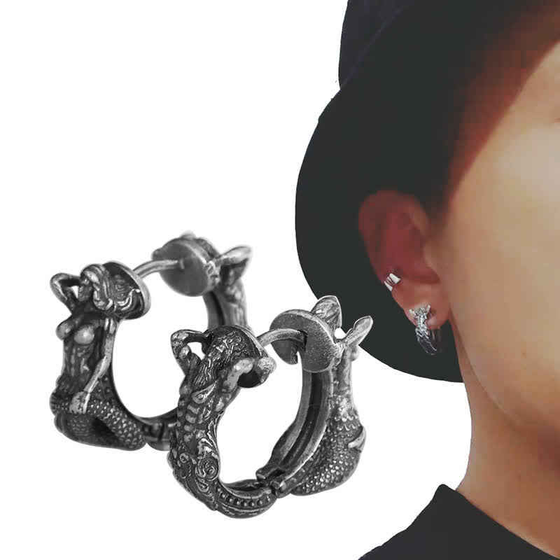 Wear FengShui 925 Sterling Silver Dragon Hoop Pattern Protection Earrings