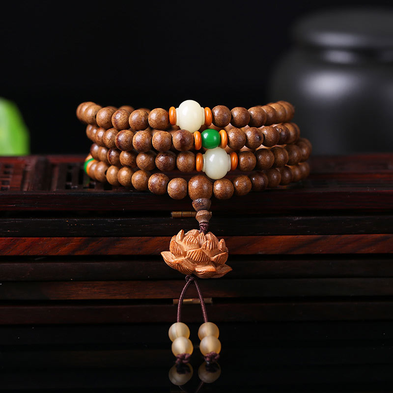 Wear FengShui 108 Mala Beads Peach Wood Bodhi Seed Lotus Prayer Meditation Bracelet