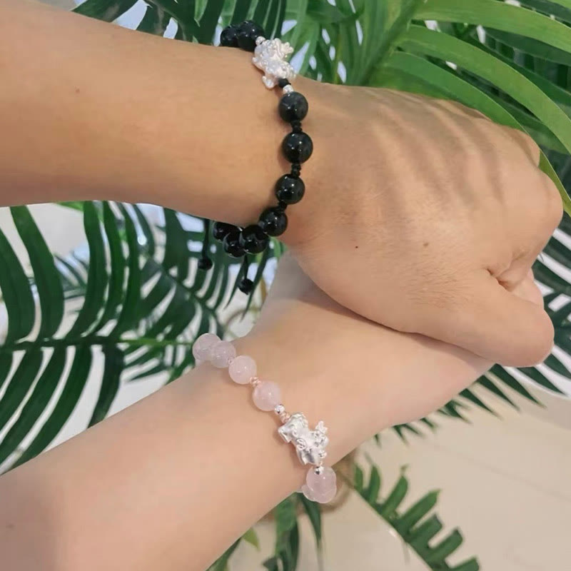 Wear FengShui Natural Black Obsidian Cat's Eye Pink Crystal PiXiu Strength Bracelet