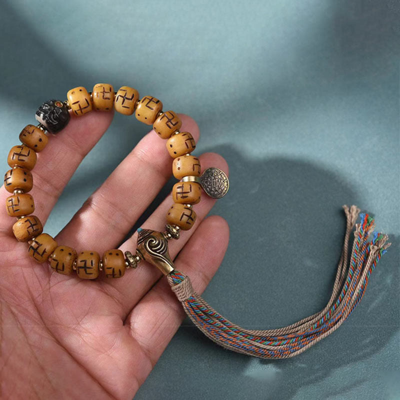 Wear FengShui Natural Tibetan Camel Bone Swastika Dzi Bead Shankha Buddha Charm Kirtimukha Luck Protection Tassel Bracelet