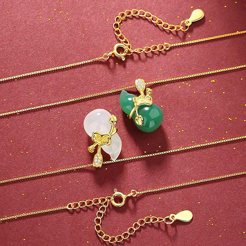 Wear FengShui Cyan Jade Gourd Lotus Leaf Abundance Pendant Necklace