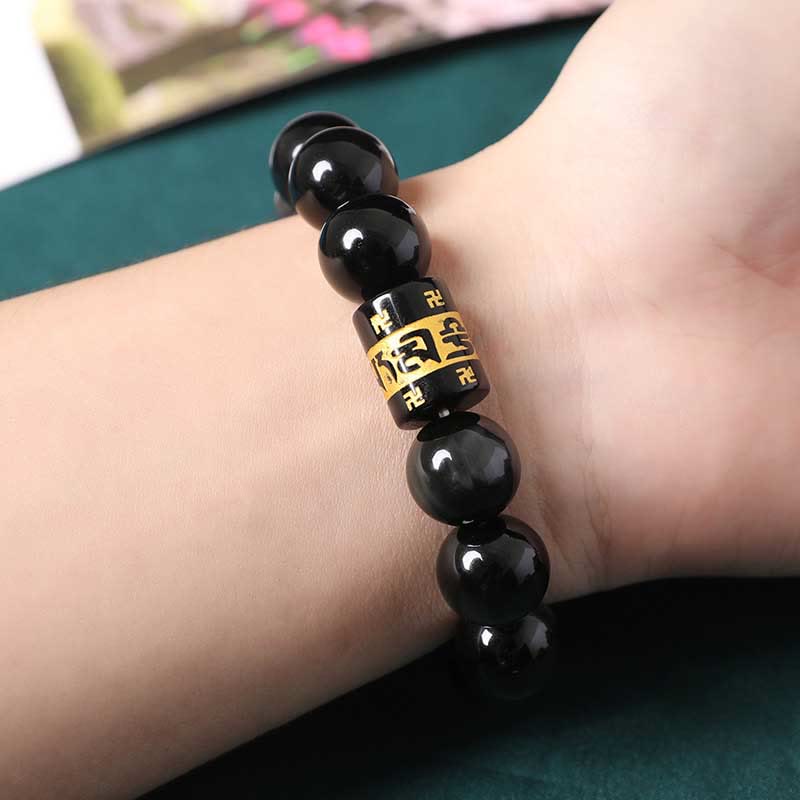 Wear FengShui Rainbow Obsidian Om Mani Padme Hum Swastika Positive Bracelet