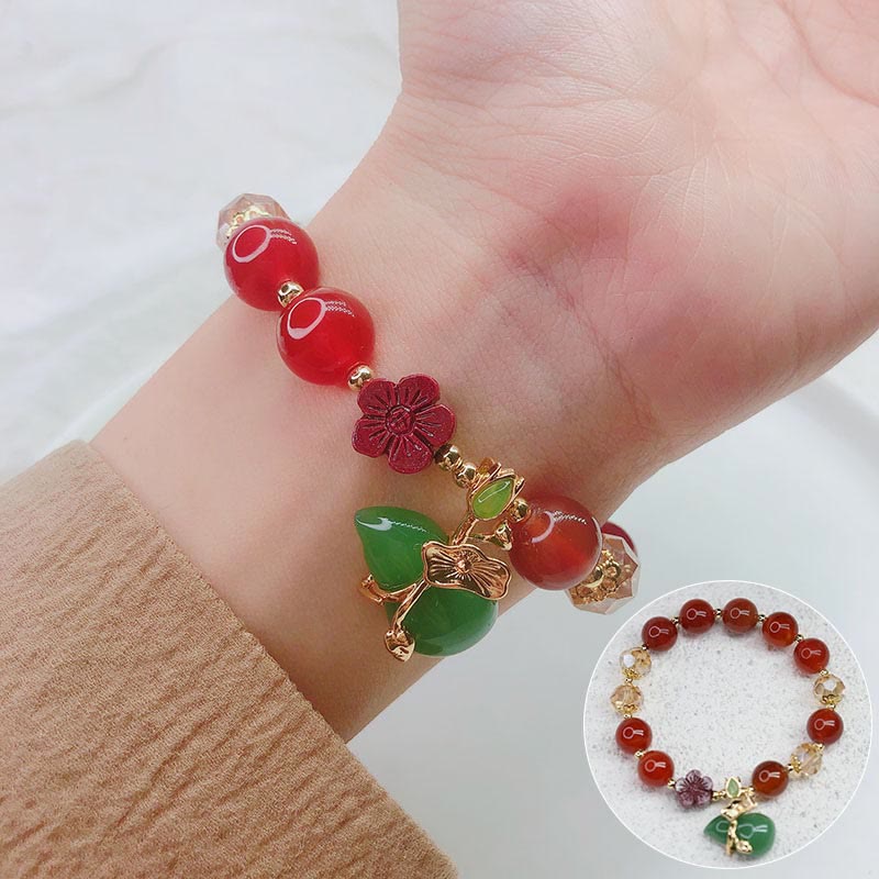 Wear FengShui Natural Red Agate Green Agate Gourd Cinnabar Flower Beads Confidence Bracelet