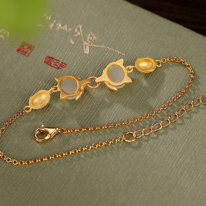 Wear FengShui 925 Sterling Silver Natural Hetian White Jade Cyan Jade Lovely Fox Luck Bracelet