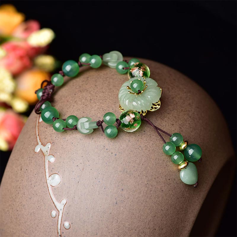 Wear FengShui Natural Green Jade Luck Dangling Flower Bracelet