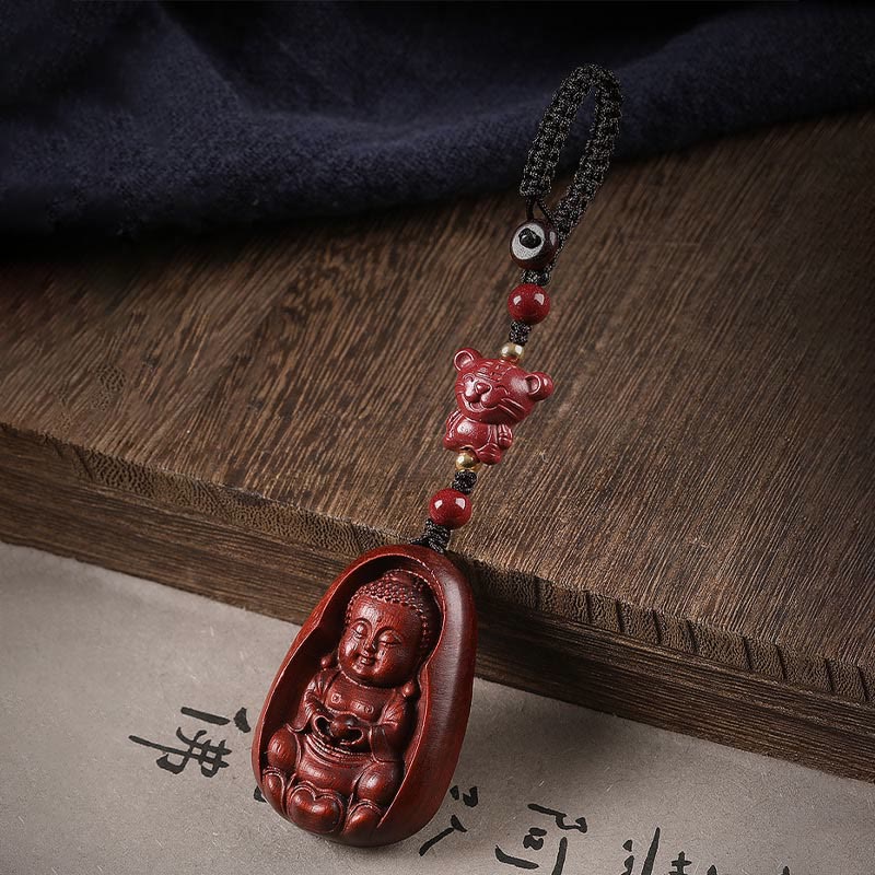 Wear FengShui Small Leaf Red Sandalwood Buddha Cinnabar Chinese Zodiac Amulet Protection Key Chain
