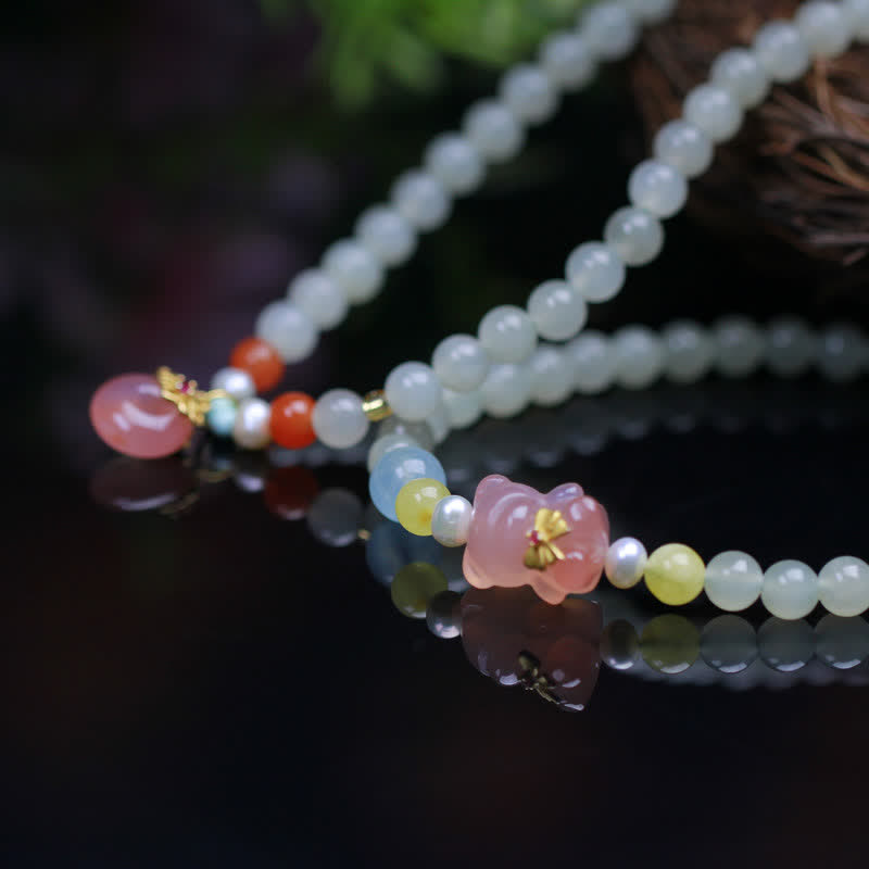 Wear FengShui Natural Hetian Jade Pink Crystal Peace Buckle Happiness Abundance Bracelet