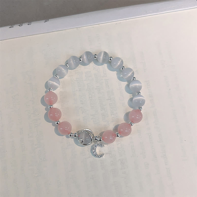 Wear FengShui Natural Cat's Eye Pink Crystal Moon Love Charm Bracelet