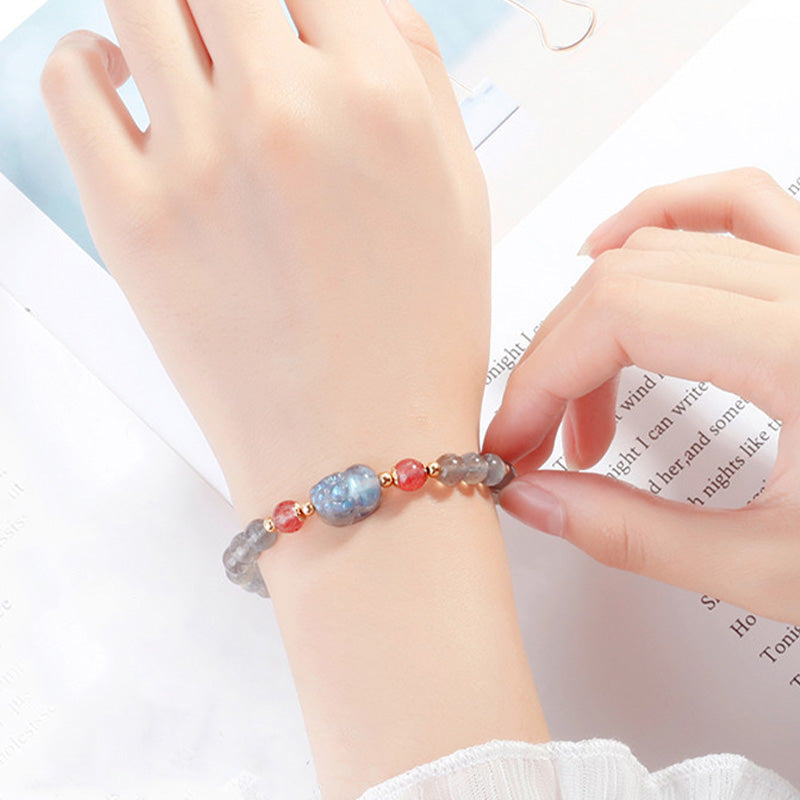 Wear FengShui Moonstone Strawberry Quartz PiXiu Healing Bracelet