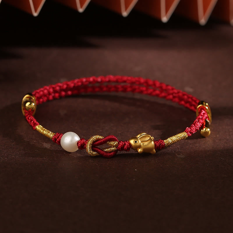 Wear FengShui 24K Gold Wish Ruyi Handle Fu Character Rabbit Pearl Luck Braided Bracelet