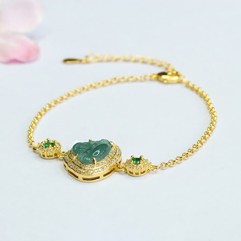 Wear FengShui Laughing Buddha Green Jade Zircon Luck Chain Bracelet