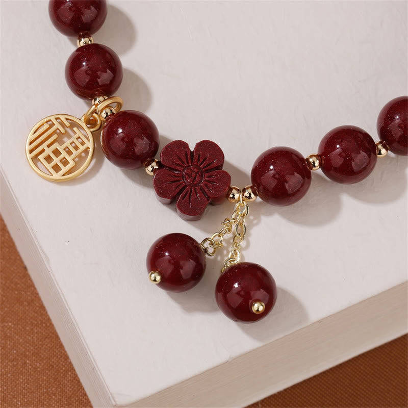 Wear FengShui Cinnabar Fu Character Cherry Blossom Blessing Bracelet