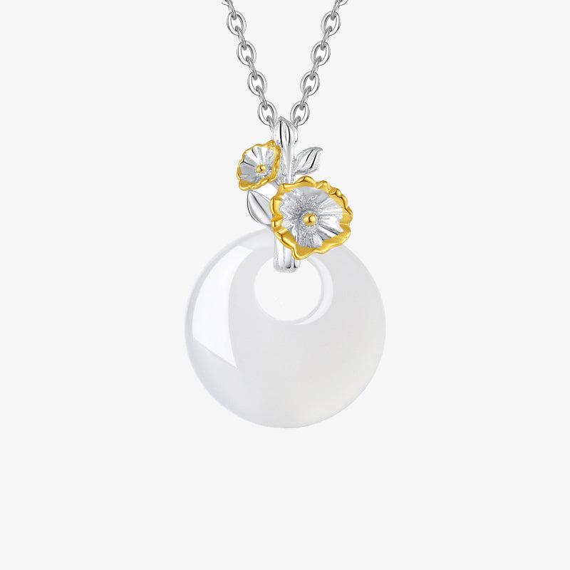 Wear FengShui 925 Sterling Silver Round Chalcedony Twelve Months Flower Harmony Necklace Pendant