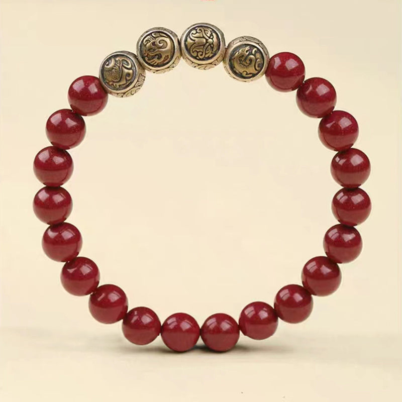 Wear FengShui 925 Sterling Silver Natural Cinnabar Four Beasts Blessing Bracelet
