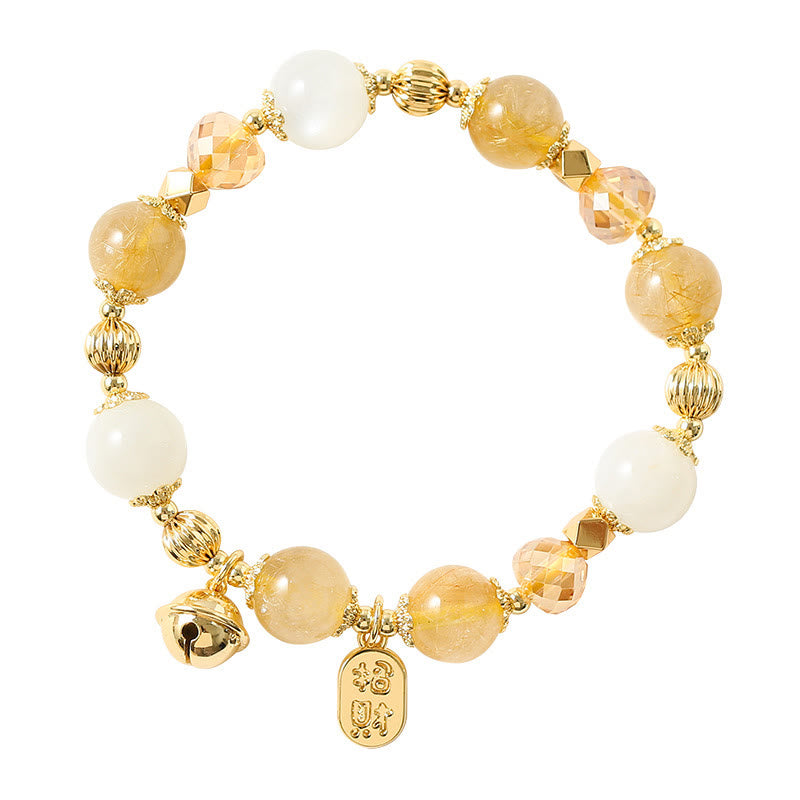 Wear FengShui 14K Gold Plated Golden Rutilated Quartz Wealth Bell Lucky Fortune Charm Bracelet