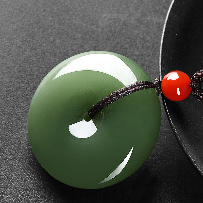 Wear FengShui Natural Round Jade Peace Buckle Prosperity Necklace String Pendant