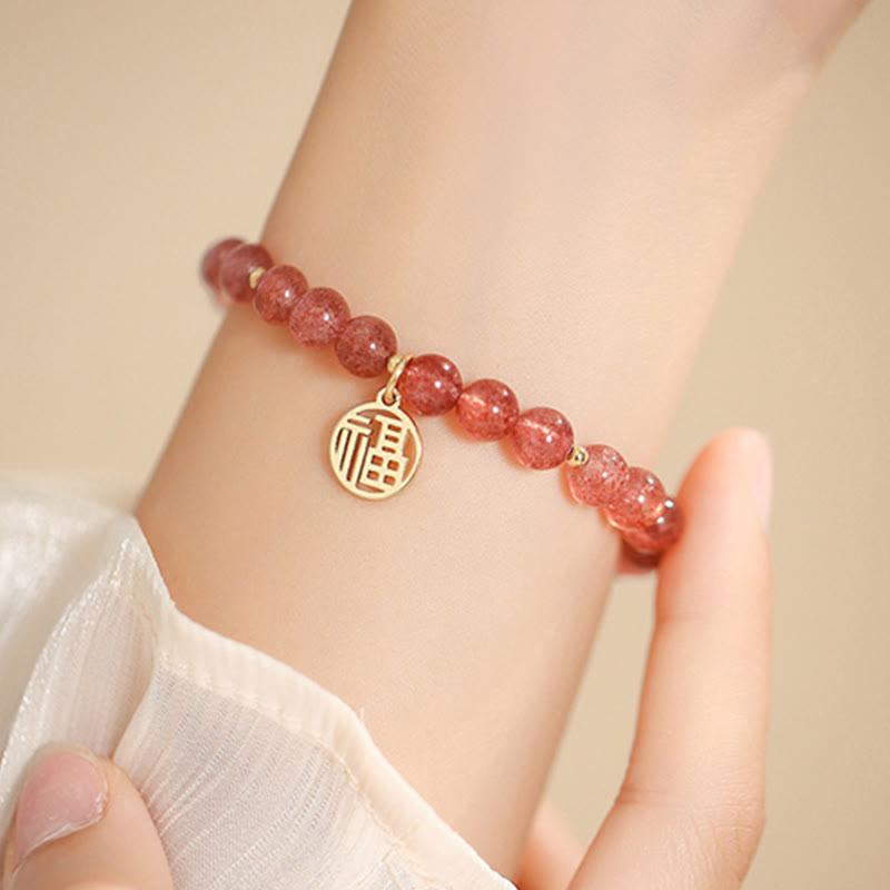 Wear FengShui 14K Gold Plated Strawberry Quartz Fu Character Healing Charm Bracelet
