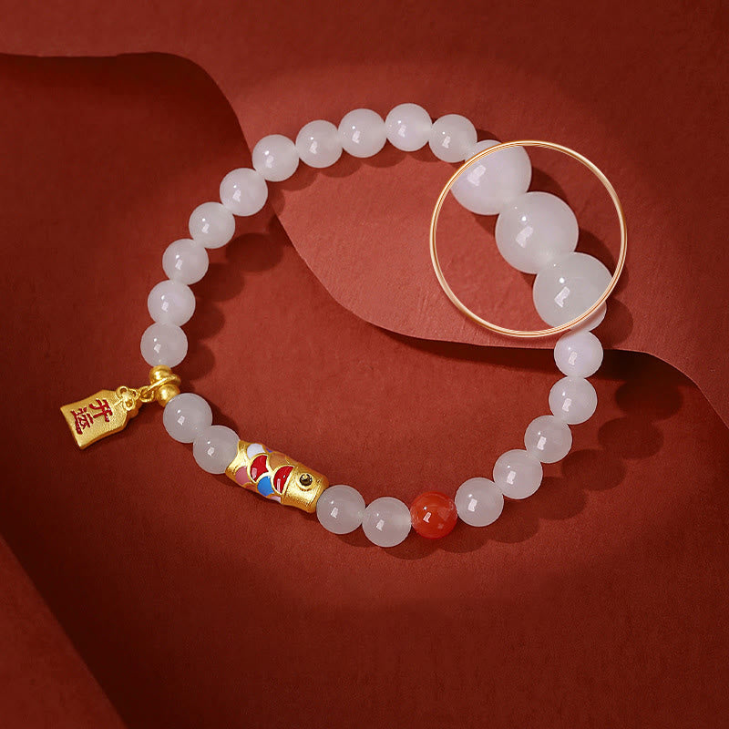 Wear FengShui 925 Sterling Silver Hetian White Jade Red Agate Koi Fish Luck Happiness Bracelet