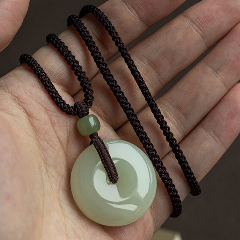 Wear FengShui Natural Round Jade Peace Buckle Luck Prosperity Necklace Pendant