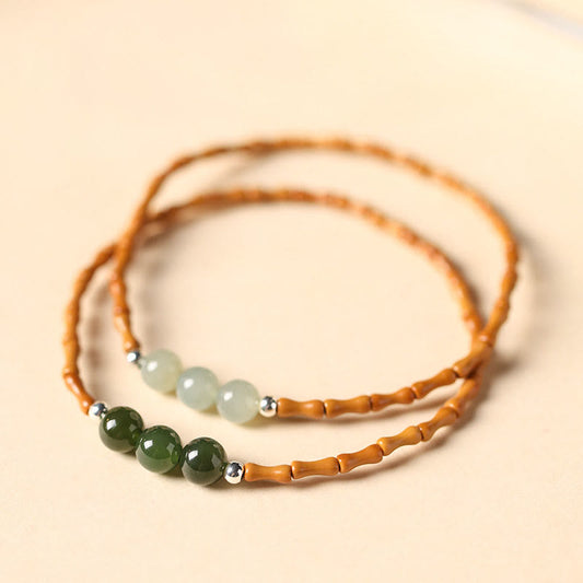 Wear FengShui Natural Olive Pit Bamboo Pattern Hetian Jade Beads Luck Bracelet