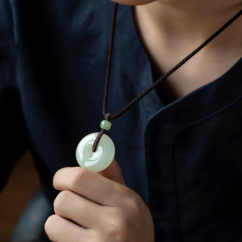 Wear FengShui Natural Round Jade Peace Buckle Luck Prosperity Necklace Pendant