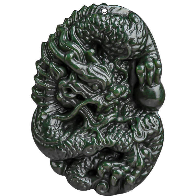 Wear FengShui Hetian Cyan Jade Dragon Success Harmony Necklace Beaded String Pendant