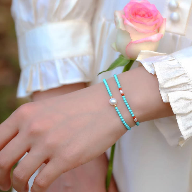 Wear FengShui Turquoise Red Agate Pearl Small Beaded Protection Bracelet