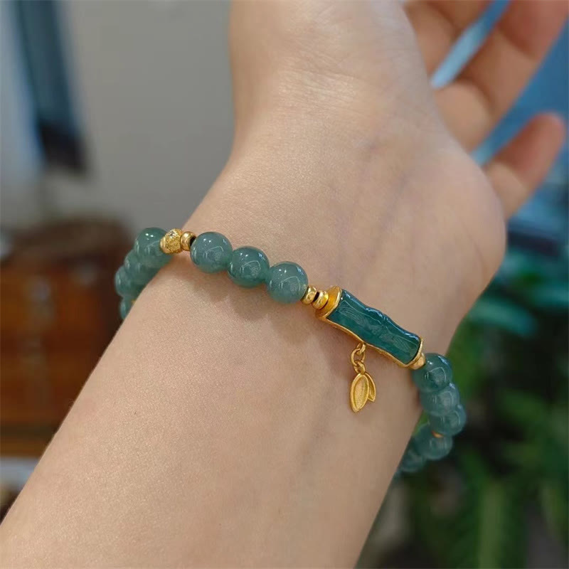 Wear FengShui 925 Sterling Silver Plated Gold Natural Green Jade Bamboo Charm Luck Bracelet