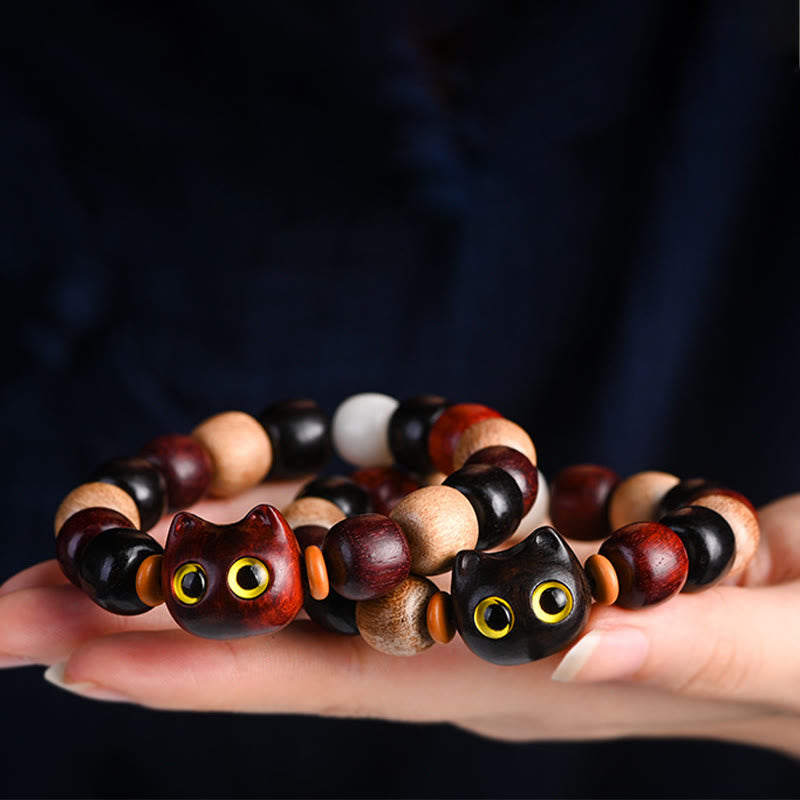 Wear FengShui Small Leaf Red Sandalwood Ebony Wood Cute Cat Engraved Protection Bracelet