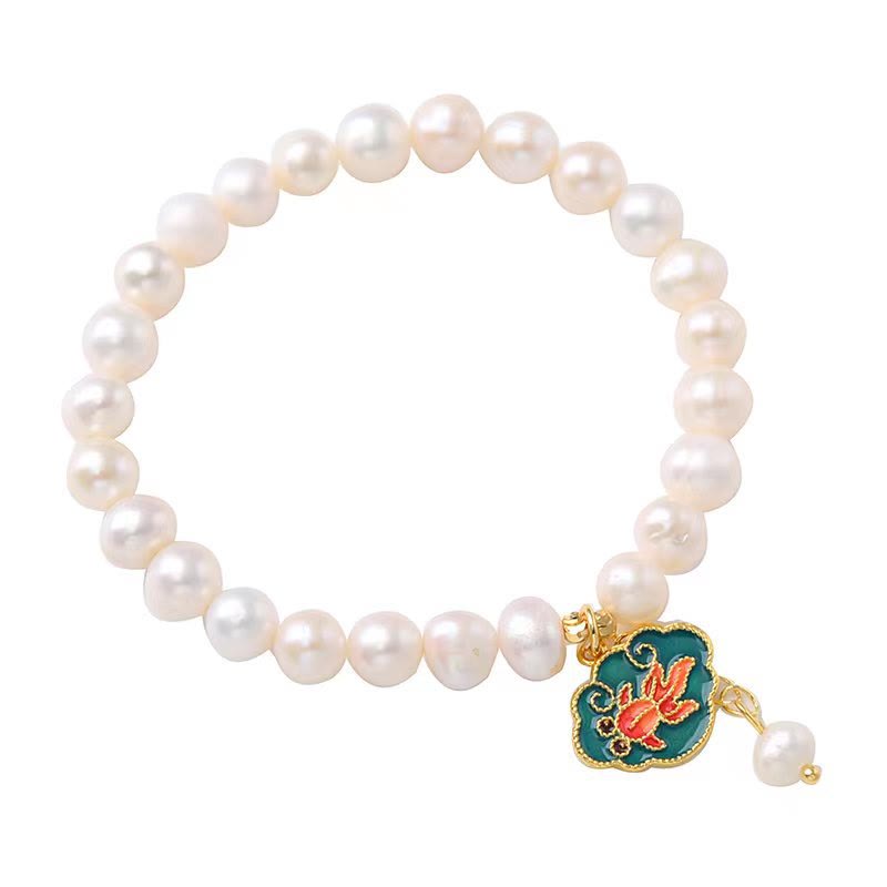 Wear FengShui Natural Pearl Lotus Koi Fish Goldfish Optimism Charm Bracelet