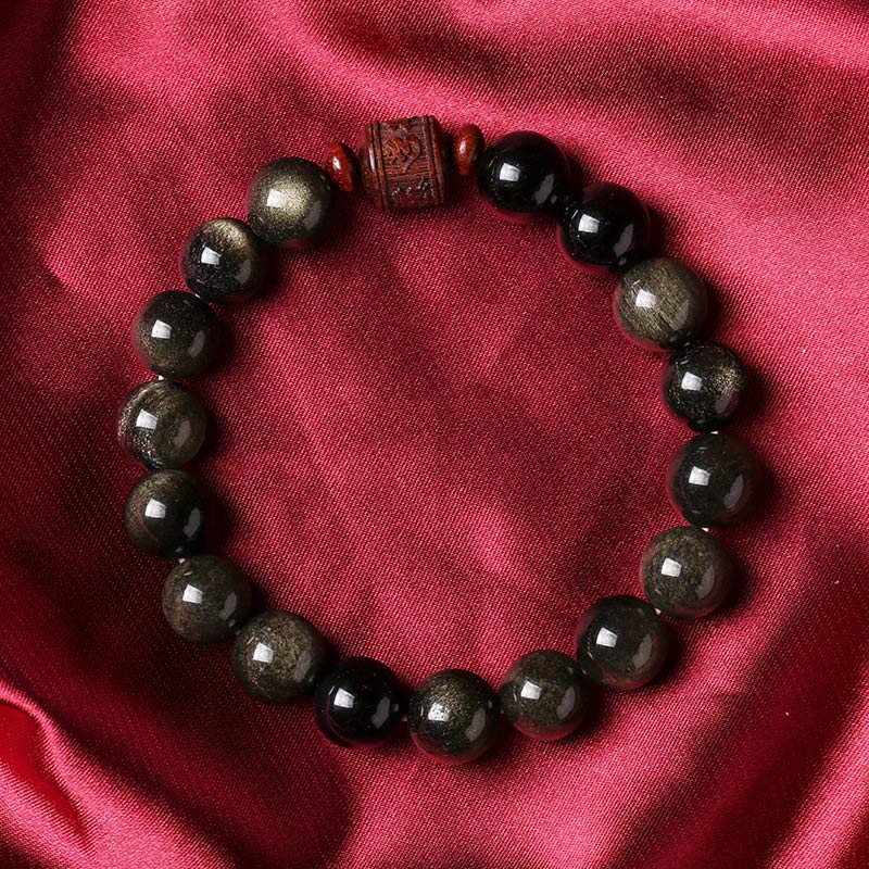 Wear FengShui Natural Gold Sheen Obsidian Rainbow Obsidian Om Mani Padme Hum Fu Character Healing Bracelet