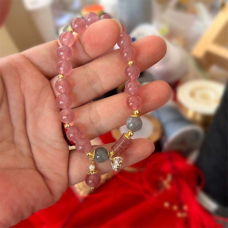 Wear FengShui Natural Strawberry Quartz Zircon Flower Positive Charm Bracelet