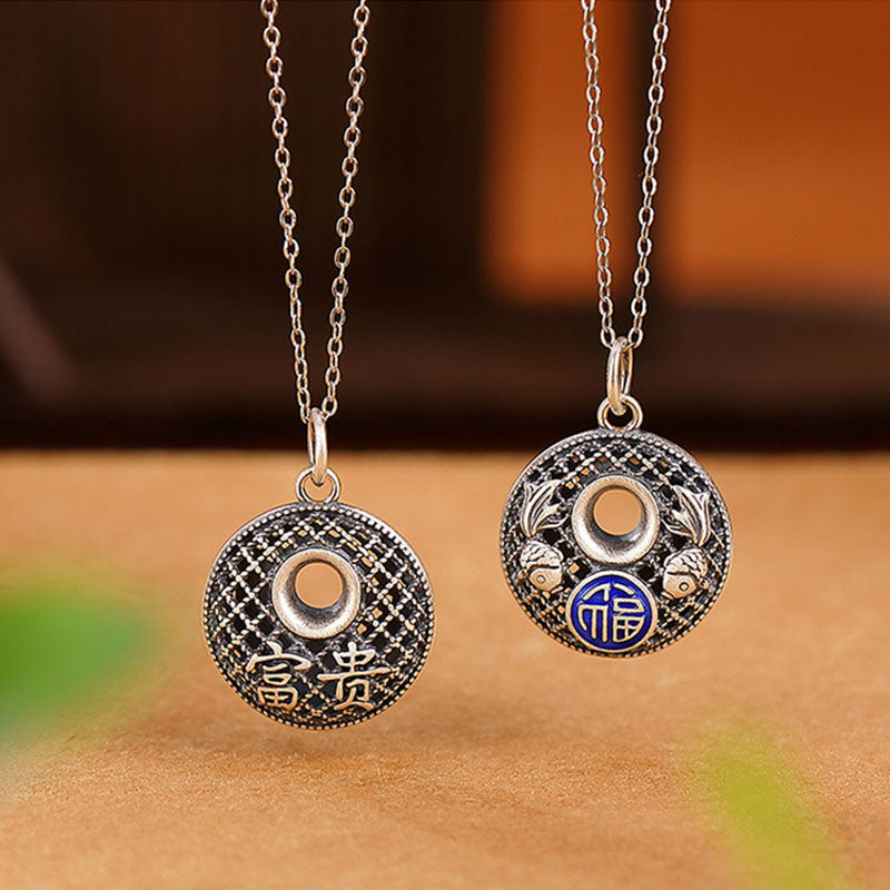 Wear FengShui 999 Sterling Silver Koi Fish Fu Character Lotus Peace Buckle Wealth Necklace Pendant
