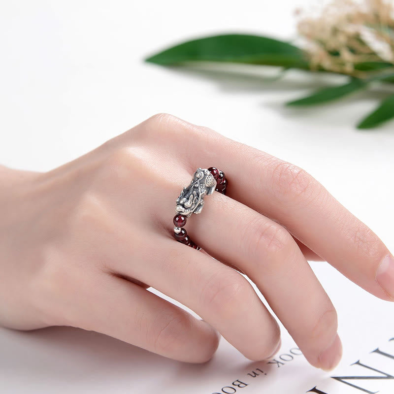 Wear FengShui 925 Sterling Silver Natural Garnet Moonstone Red Agate PiXiu Wealth Ring