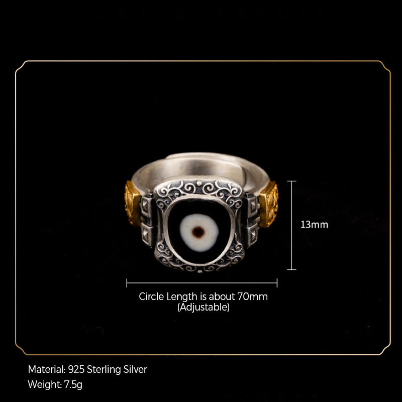 Wear FengShui 925 Sterling Silver Zakiram Goddess of Wealth Design Dzi Bead Protection Ring