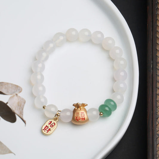Wear FengShui Natural White Agate Red Agate Money Bag Fu Character Four Leaf Clover Protection Bracelet